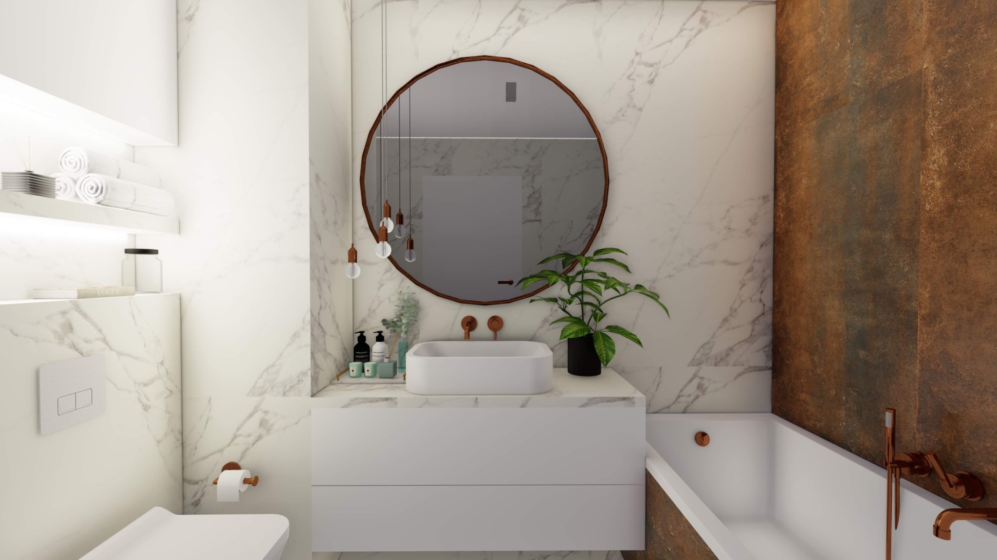 Nowoczesna łazienka z białymi marmurowymi ścianami, okrągłym lustrem w drewnianej ramie, białą umywalką nablatową, miedzianą armaturą i zieloną rośliną doniczkową, oświetlona wiszącymi lampami...