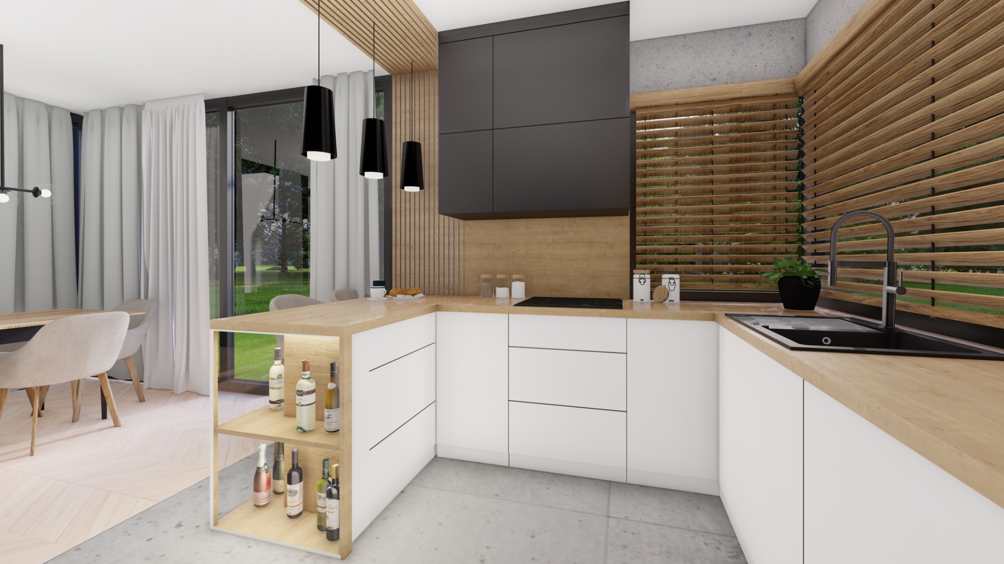 Wizualizacja nowoczesnej kuchni z białymi szafkami, drewnianym blatem, czarnym okapem i otwartym regałem na wino, widok na jadalnię i okno z drewnianymi żaluzjami.