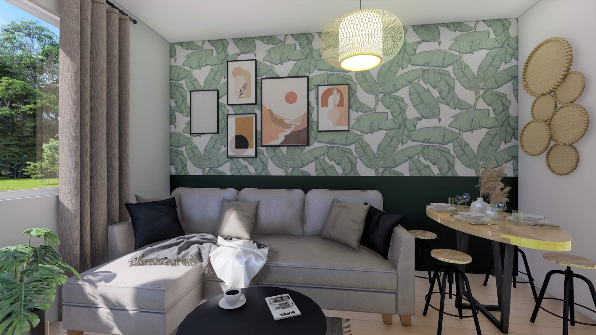 Wizualizacja salonu z narożną sofą, okrągłym stolikiem kawowym z filiżanką i magazynem, ścianą w tropikalne liście i galerią obrazków, oraz jadalnią z owalnym stołem i hokerami.
