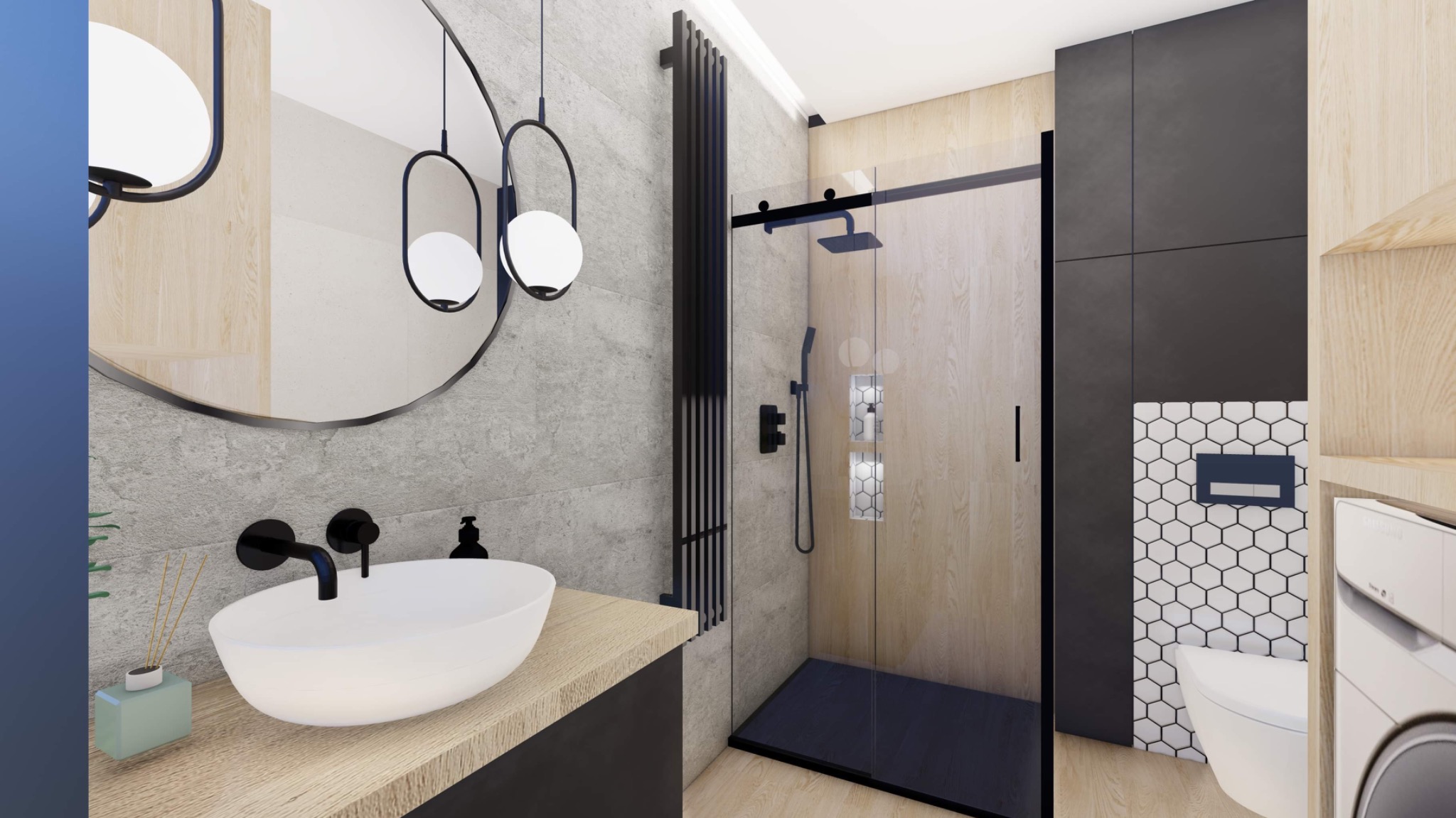 Nowoczesna łazienka z okrągłym lustrem, owalną umywalką nablatową, szarą płytką imitującą beton, czarną armaturą i kabiną prysznicową typu walk-in z drewnopodobnymi ścianami.