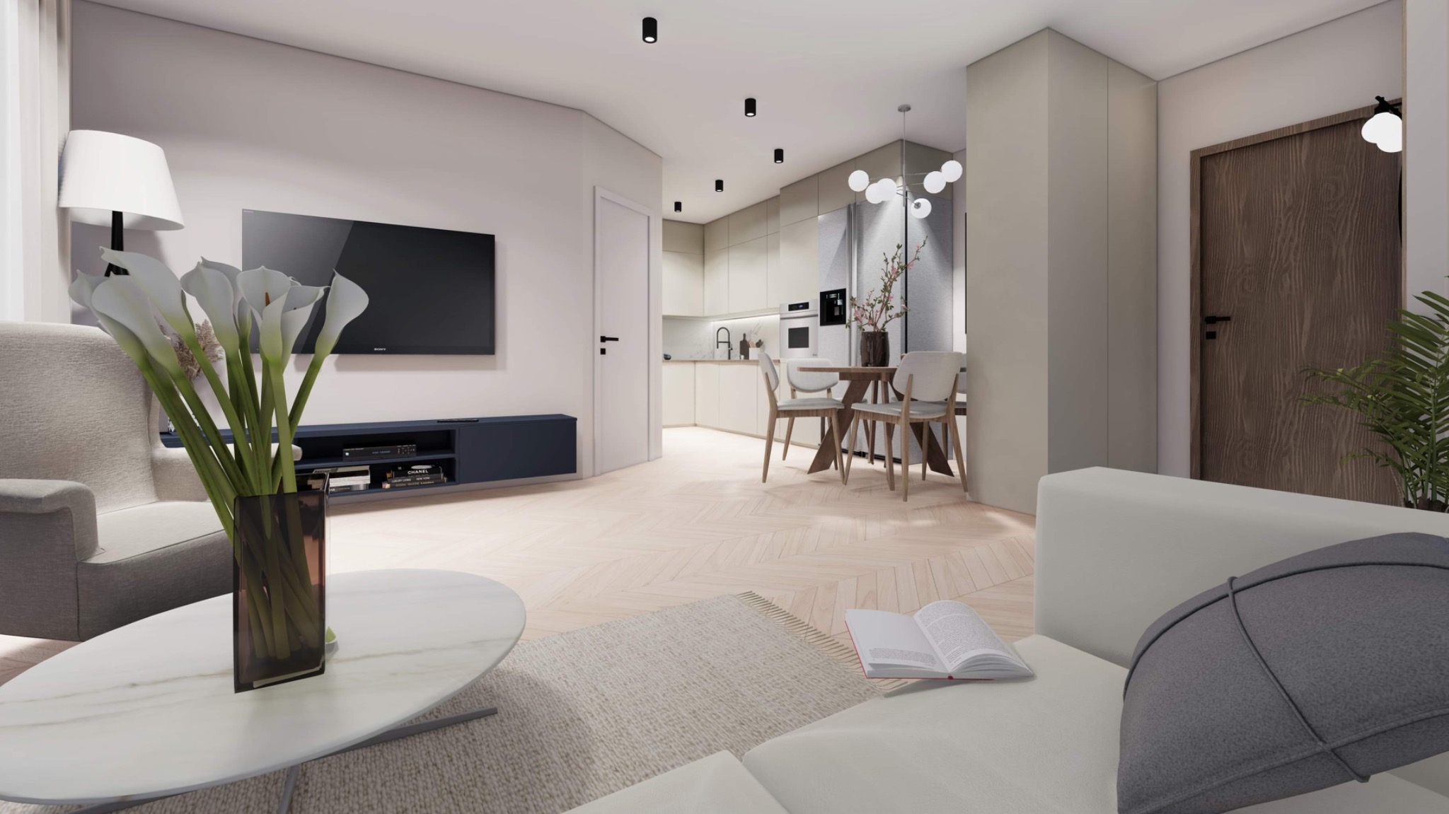 Wizualizacja salonu z otwartą kuchnią, parkiet w jodełkę, białe ściany, szara sofa z poduszką, marmurowy stolik kawowy z kaliami w wazonie, telewizor na ścianie, stół z krzesłami w kuchni...