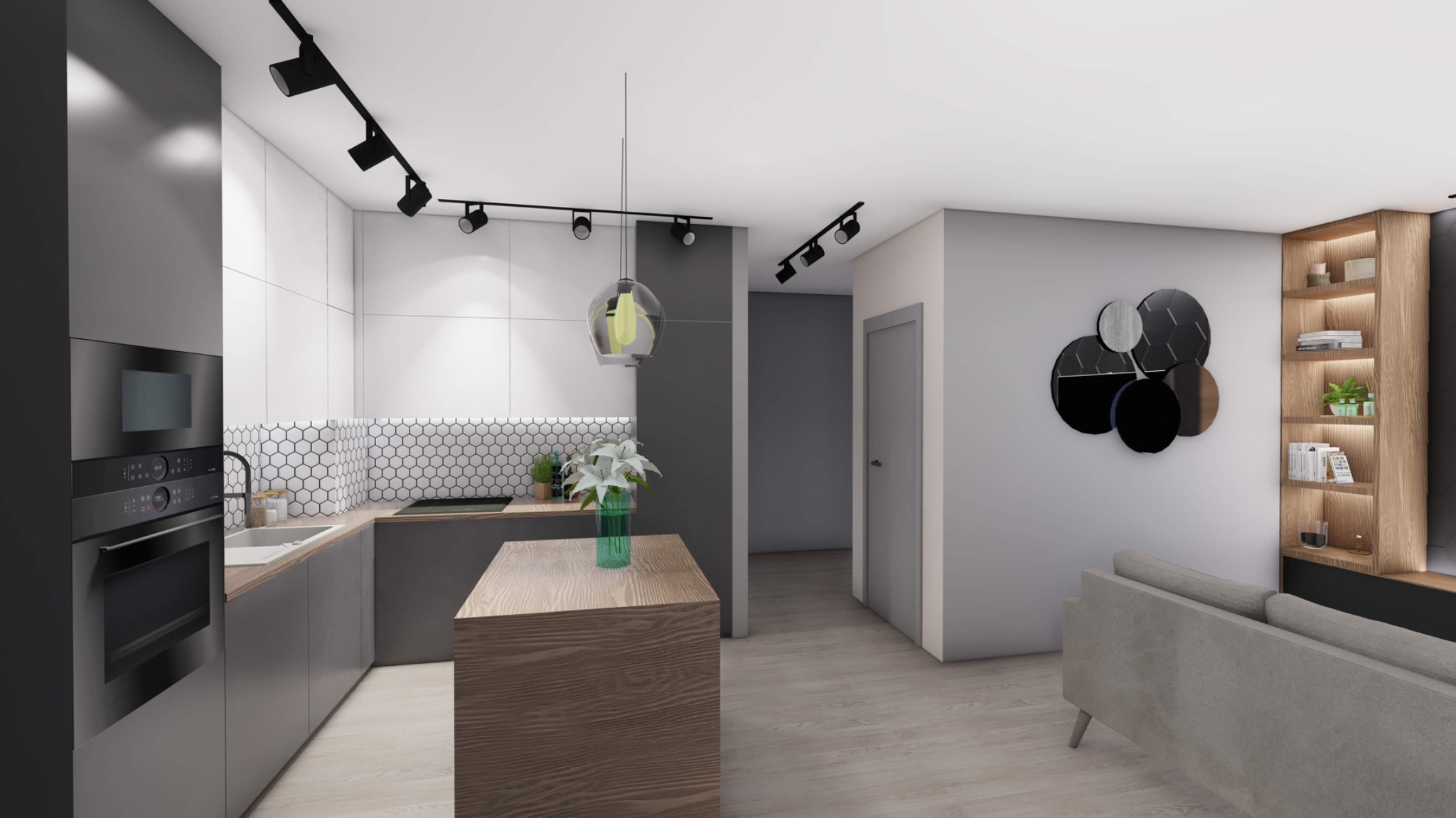 Wizualizacja nowoczesnej kuchni z wyspą, szare szafki, białe płytki heksagonalne, oświetlenie punktowe na szynach, dekoracyjna lampa wisząca i abstrakcyjna dekoracja ścienna w salonie.