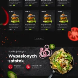 Responsywny układ strony restauracji z menu burgerów i sałatek, z dynamicznymi elementami i animacjami, widok na smartfonie i komputerze.