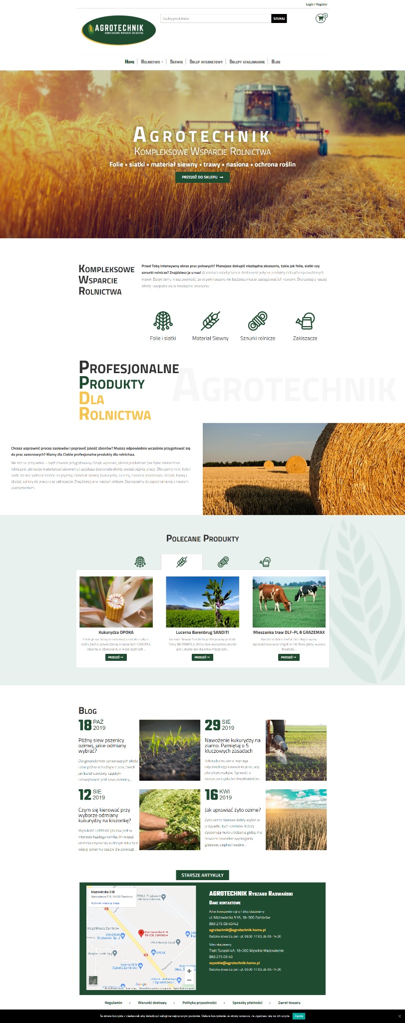 Strona internetowa firmy Agrotechnick z kombajnem w tle, oferująca kompleksowe wsparcie rolnictwa: folie, siatki, materiał siewny, trawy, nasiona, ochrona roślin.