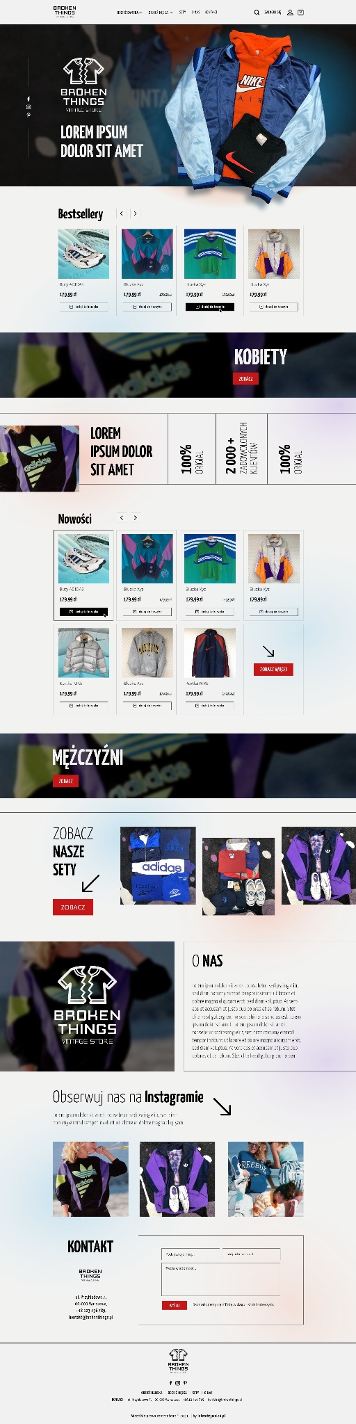 Wygląd strony internetowej sklepu odzieżowego z logo Broken Things, prezentujący ofertę bestsellerów, nowości, podział na kategorie damskie i męskie oraz odnośniki do Instagrama i danych kontaktowych.