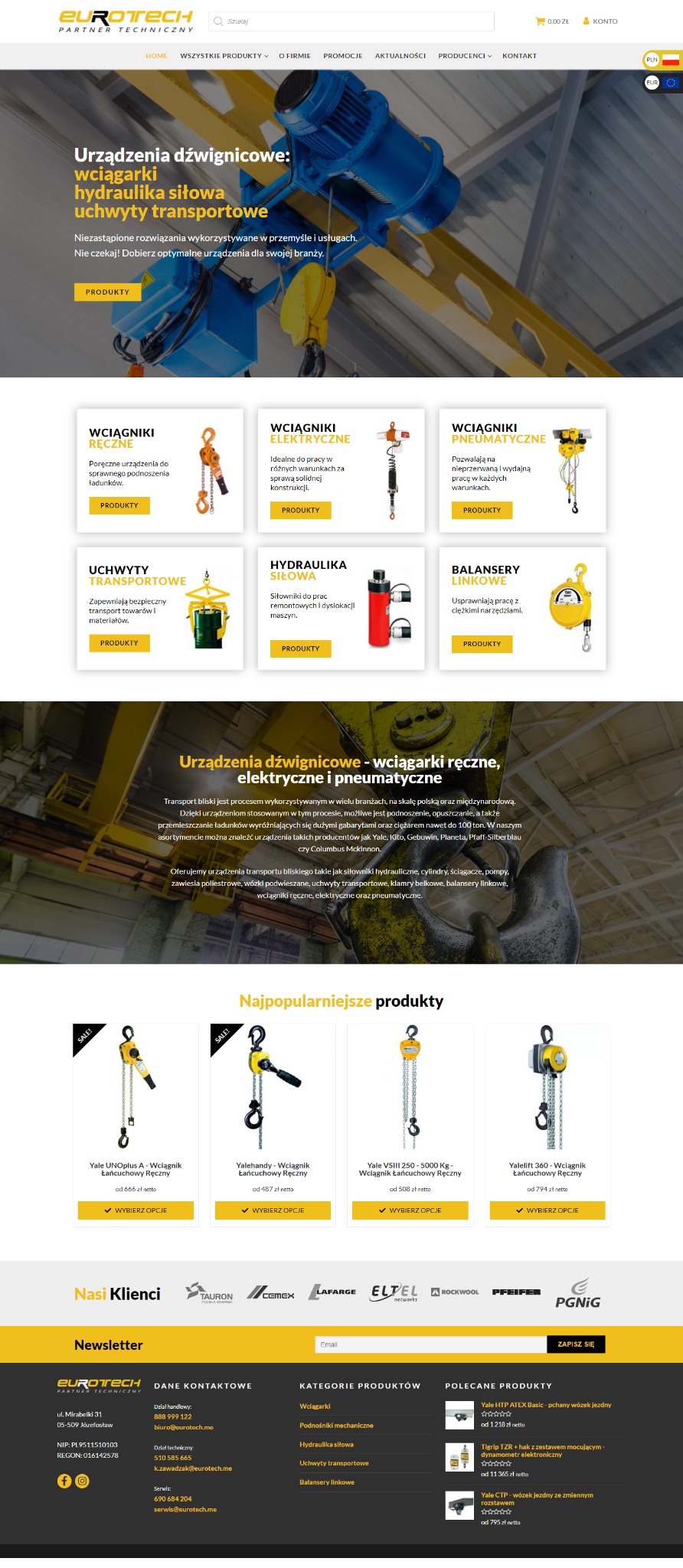 Strona internetowa firmy Eurotech prezentująca urządzenia dźwignicowe, wciągarki, hydraulikę siłową i uchwyty transportowe. Na górze baner z niebieskim wciągnikiem, poniżej sekcje z wciągnikami...