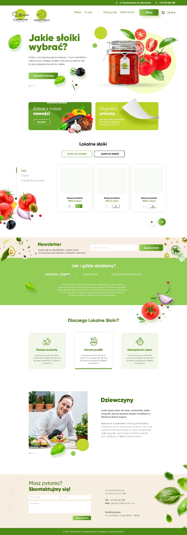 Projekt strony internetowej sklepu ze słoikami z lokalnymi produktami, z zielono-białą kolorystyką i elementami graficznymi warzyw i ziół.