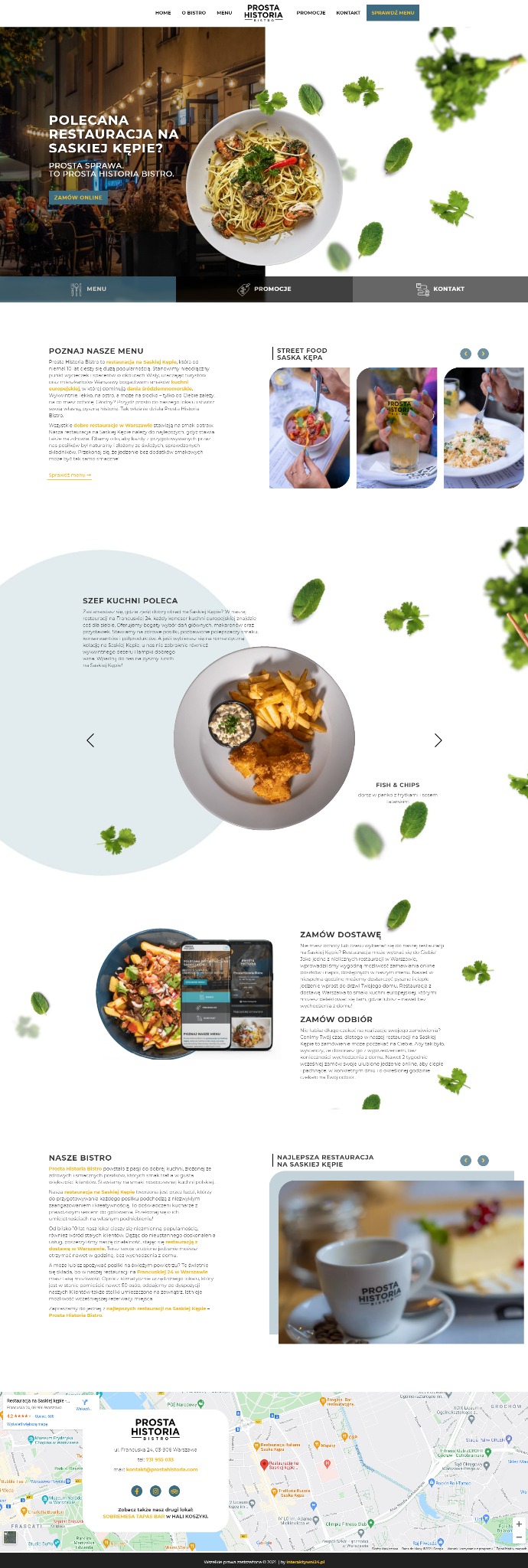 Strona internetowa restauracji Prosta Historia Bistro z ofertą dań i możliwością zamówienia online, widok na ekranie komputera i smartfona.
