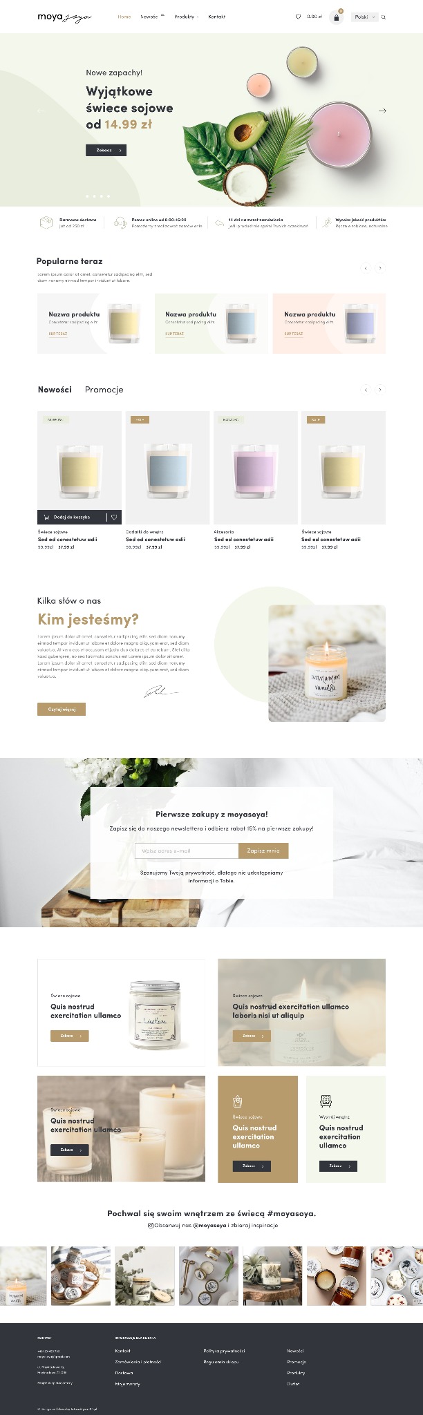Układ strony internetowej sklepu z ręcznie robionymi świecami sojowymi, prezentujący baner z promocją nowych zapachów, zdjęcia produktów z cenami oraz formularz zapisu do newslettera.
