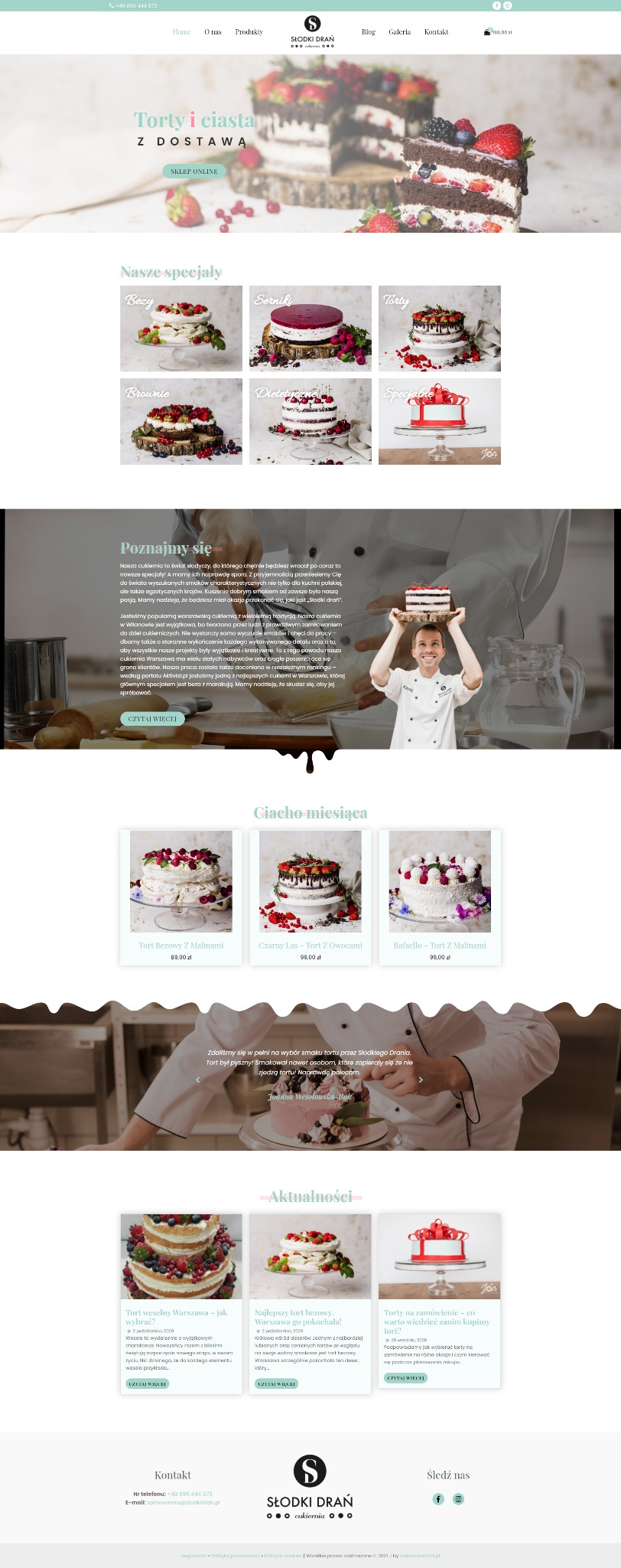 Strona internetowa cukierni Słodki Drań z ofertą tortów i ciast z dostawą, prezentująca specjalności, ciasto miesiąca oraz aktualności w minimalistycznym designie z pastelową kolorystyką.