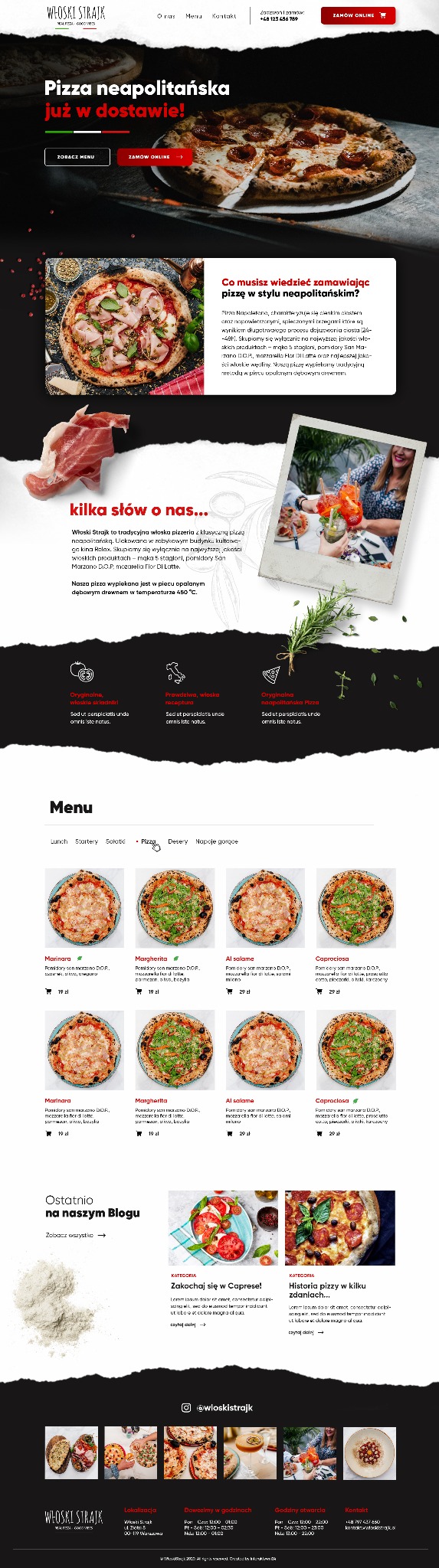 Witryna internetowa pizzerii neapolitańskiej Włoski Strajk, prezentująca menu, informacje o składnikach i dostawie, z elementami graficznymi pizzy i włoskich składników.