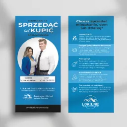 Dwustronna ulotka reklamowa biura nieruchomości Lokalnie, przedstawiająca uśmiechniętych agentów Agnieszkę i Michała, z ofertą pomocy w sprzedaży lub kupnie nieruchomości, z podanymi numerami...