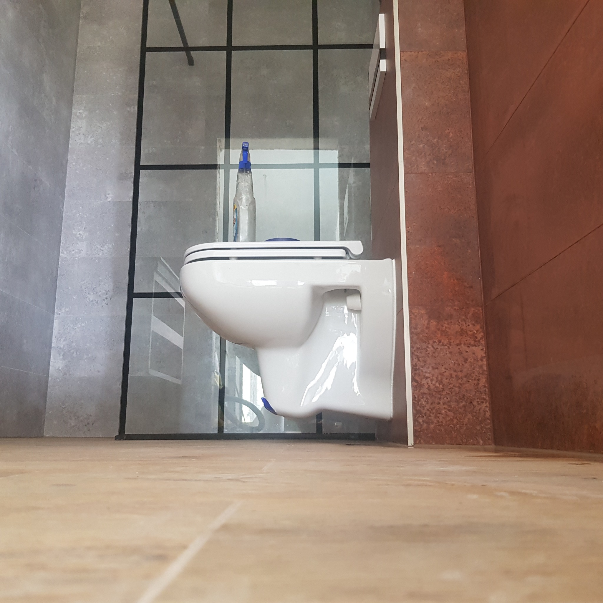 Wisząca toaleta z trzema czarnymi paskami na desce, zamontowana w nowoczesnej łazience z szarą i brązową glazurą, widok z poziomu podłogi, na której stoi butelka z detergentem.