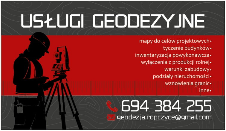Grafika reklamowa: sylwetka osoby w kasku i kamizelce, obsługującej niwelator, z listą usług takich jak mapy do celów projektowych, tyczenie budynków, inwentaryzacja, podziały nieruchomości, wraz...