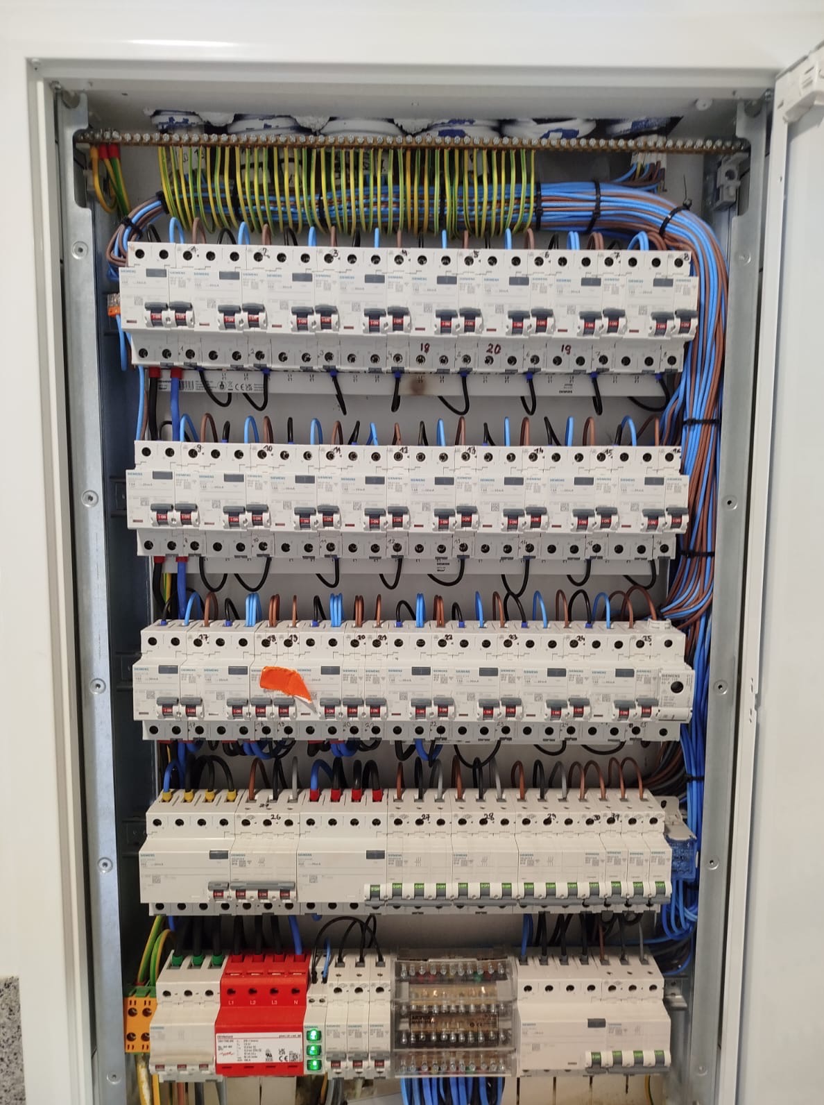 Rozdzielnica elektryczna w białej obudowie, widoczne liczne bezpieczniki Siemens, przewody w różnych kolorach, listwy zaciskowe. Pomarańczowa naklejka na jednym z bezpieczników.