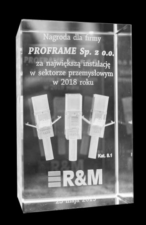 Szklana statuetka dla firmy PROFRAME Sp. z o.o. za największą instalację w sektorze przemysłowym w 2018 roku, z wizerunkiem złącz telekomunikacyjnych i logo R&M.