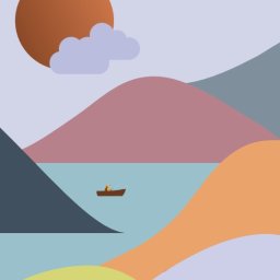 Łukasz Kościuk - Minimalistyczna ilustracja przedstawiająca krajobraz z górami, jeziorem i małą łódką z wędkarzem na tle zachodzącego słońca i chmur.