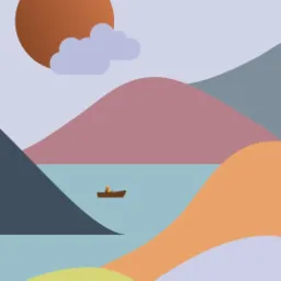 Minimalistyczna ilustracja przedstawiająca krajobraz z górami, jeziorem i małą łódką z wędkarzem na tle zachodzącego słońca i chmur.