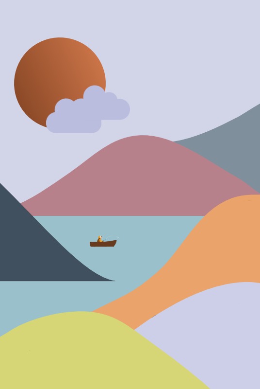 Minimalistyczna ilustracja przedstawiająca krajobraz z górami, jeziorem i małą łódką z wędkarzem na tle zachodzącego słońca i chmur.