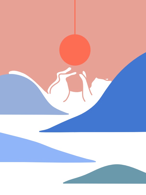 Abstrakcyjna ilustracja przedstawiająca białego kota leżącego na grzbiecie i bawiącego się czerwoną kulką zwisającą z góry, na tle pastelowych wzgórz w odcieniach niebieskiego i różowego.