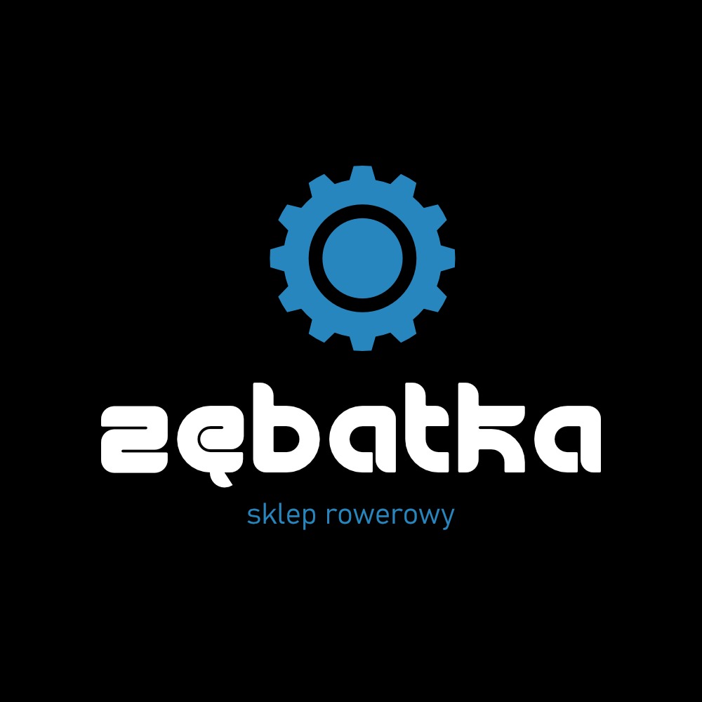Logo sklepu rowerowego: biały napis 'zębatka' z niebieskim kołem zębatym powyżej, na czarnym tle.