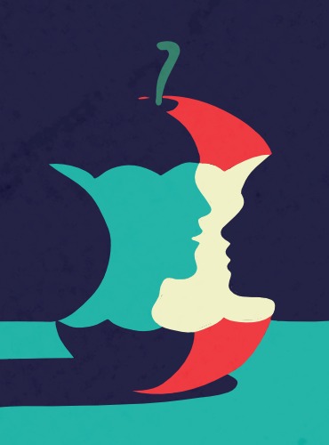 Stylizowana grafika przedstawia pogryzione jabłko, którego negatywna przestrzeń tworzy profile twarzy kobiety i mężczyzny w pastelowych kolorach na ciemnoniebieskim tle.