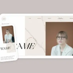 Prezentacja responsywnej strony internetowej salonu optycznego FRAME Optics na ekranie laptopa i smartfona. Widoczny projekt graficzny z minimalistycznym logo i zdjęciem modelki w okularach...