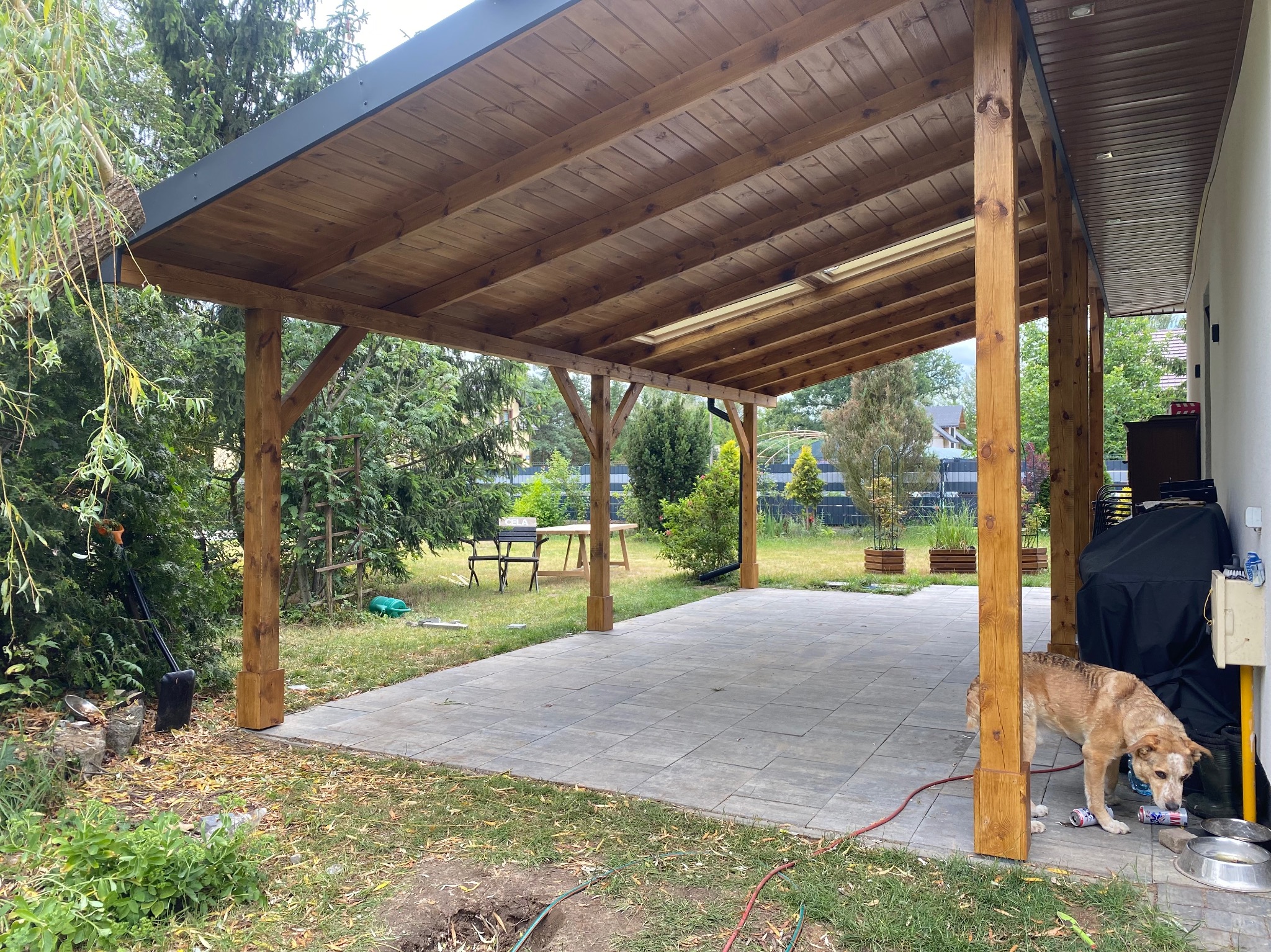 Drewniana pergola z zadaszeniem w ogrodzie w Gościeradowie Ukazowym. Widoczne drewniane słupy, zadaszenie z desek oraz fragment betonowego tarasu i pies.