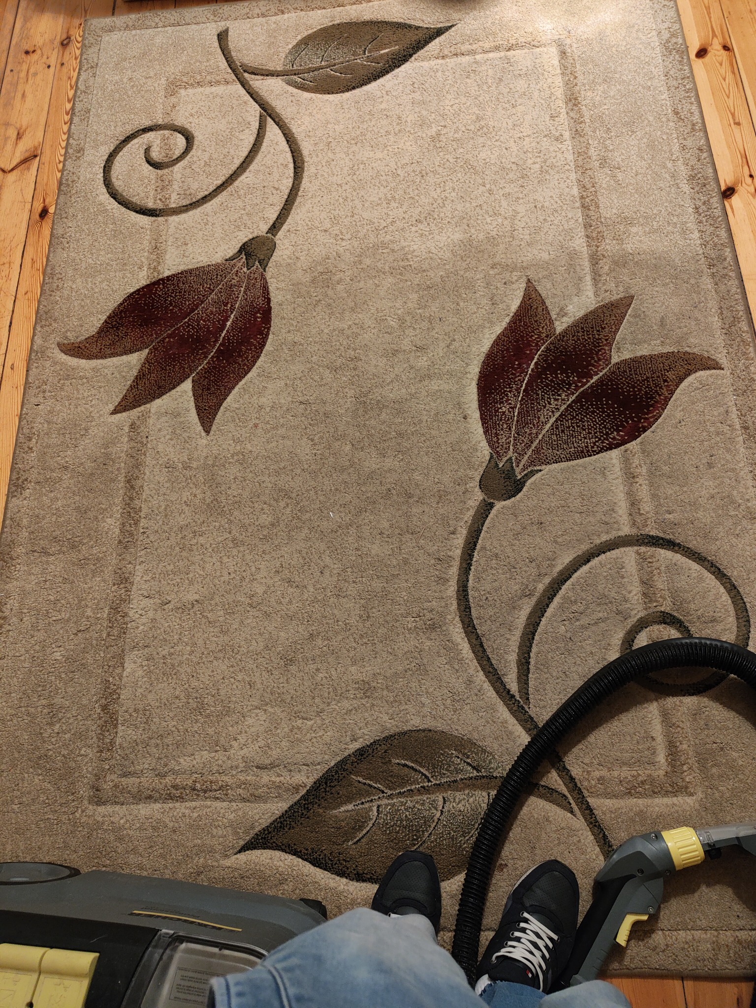 Beżowy dywan z motywem stylizowanych kwiatów czyszczony odkurzaczem piorącym, widoczne fragmenty urządzenia i stóp osoby obsługującej.