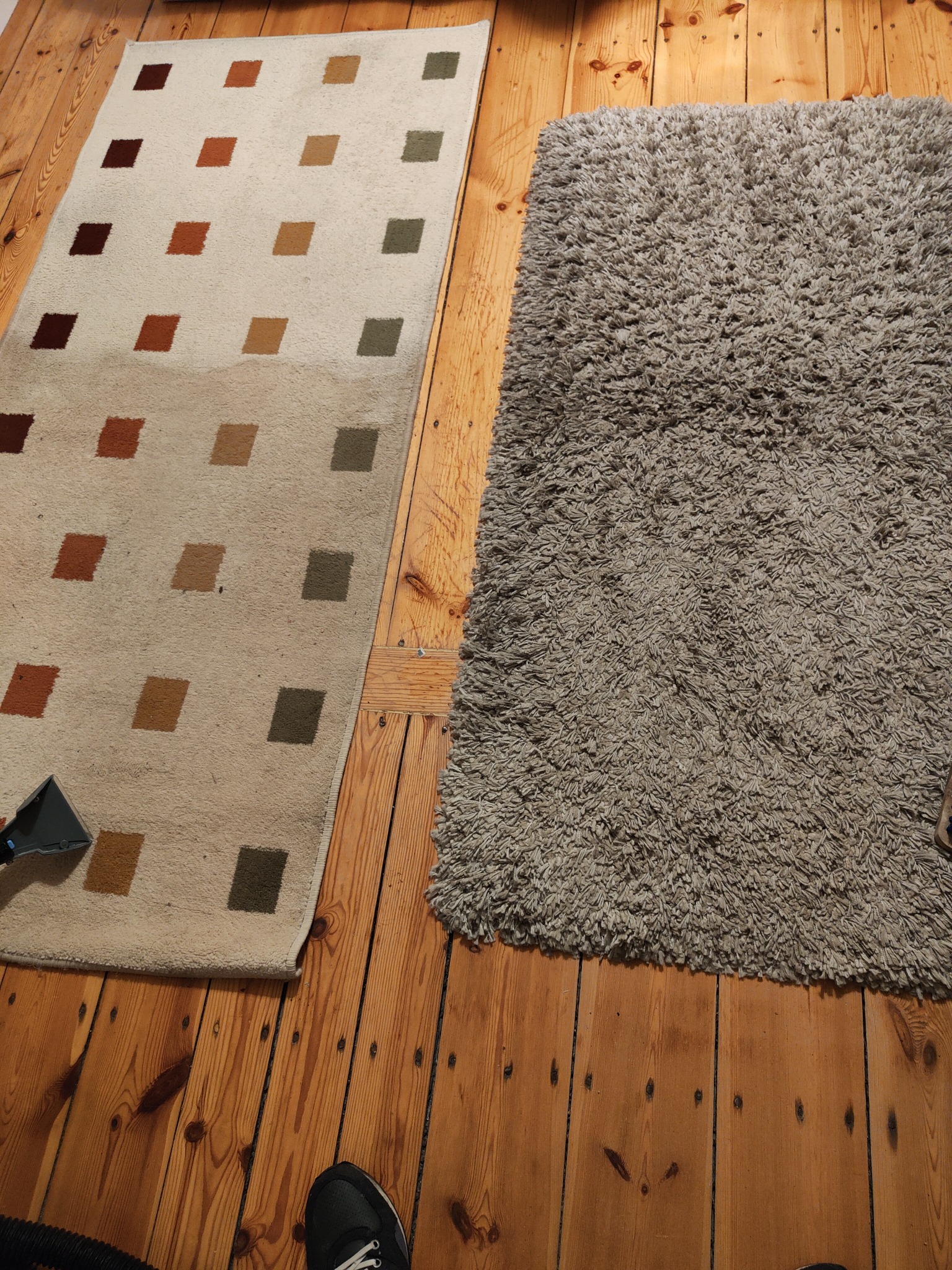 Fragment podłogi z desek, na której leżą dwa dywany: beżowy w kolorowe kwadraty i szary typu shaggy; widoczna końcówka odkurzacza piorącego na beżowym dywanie oraz fragment buta sportowego w rogu...