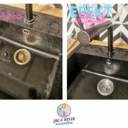 Porównanie czarnego zlewu kuchennego przed i po czyszczeniu, widoczne różnice w połysku i czystości powierzchni, z uwzględnieniem detali armatury i odpływu.