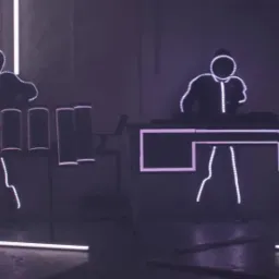 Dwóch performerów w podświetlanych strojach grających na elektronicznych instrumentach w ciemnym pomieszczeniu, z dodatkowym oświetleniem neonowym.