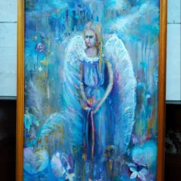 Obraz olejny w drewnianej ramie przedstawiający anioła w błękitnej sukni z białymi skrzydłami na tle abstrakcyjnego, błękitnego krajobrazu z kwiatami.