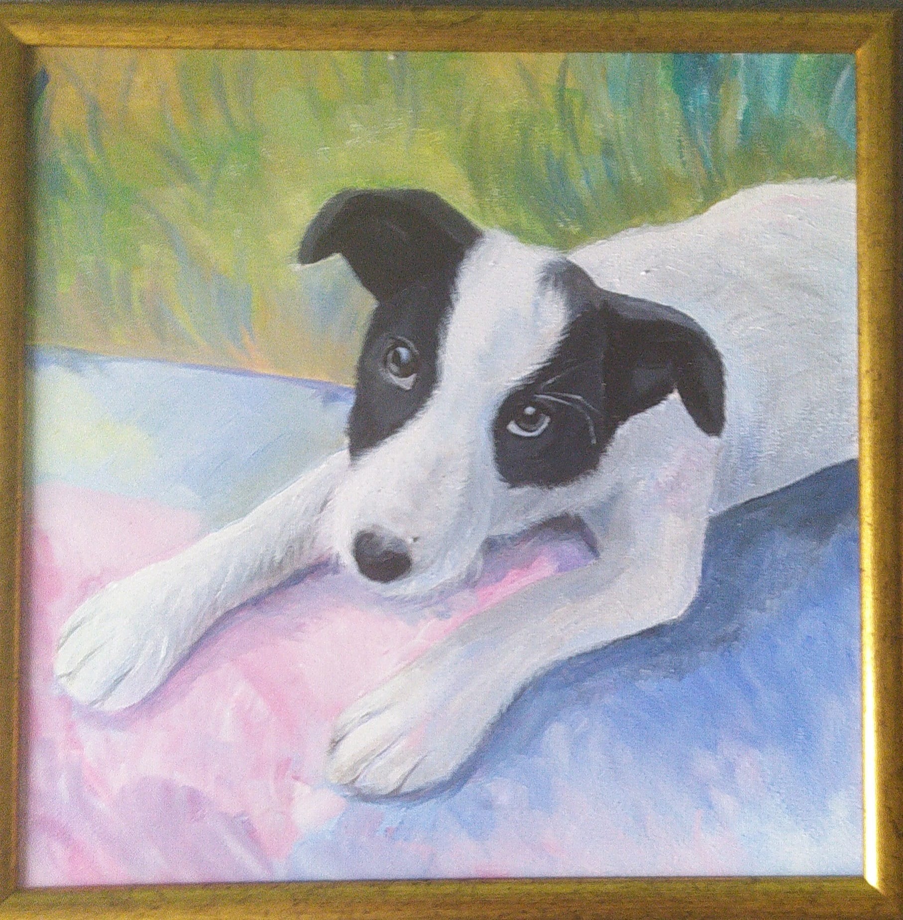 Portret olejny psa rasy border collie leżącego na pastelowym tle, oprawiony w złotą ramę.