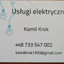 Wizytówka firmy świadczącej usługi elektryczne, z ilustracjami żarówek na górze, imieniem i nazwiskiem Kamil Krok, numerem telefonu i adresem e-mail.