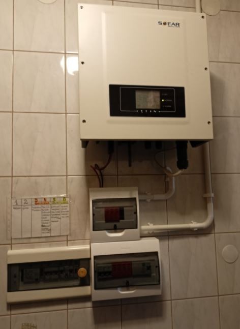 Biały inwerter SOFAR zamontowany na kafelkowanej ścianie, poniżej trzy skrzynki bezpiecznikowe i schemat instalacji z numerami.