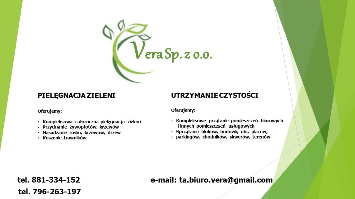 Ulotka firmy Vera Sp. z o.o. oferującej pielęgnację zieleni i utrzymanie czystości, z logo firmy, numerami telefonów i adresem e-mail.