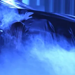 Uroczyste odsłonięcie samochodu pod czarną płachtą w dymie, widoczna flaga w szachownicę i logo Lexus w tle.