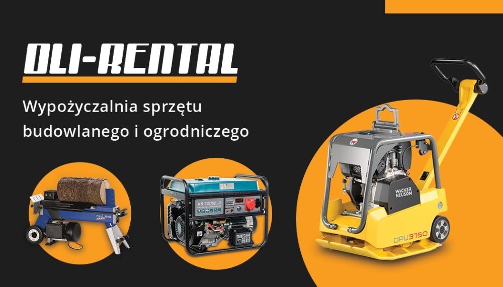 Grafika reklamowa prezentująca sprzęt budowlany i ogrodniczy: łuparka do drewna z kłodą, agregat prądotwórczy KS 7000DE-3 oraz zagęszczarka Wacker Neuson DPU3750, na czarno-pomarańczowym tle z logo...