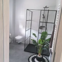 Nowoczesna łazienka w odcieniach szarości z kabiną prysznicową typu walk-in z czarnymi profilami, wiszącą toaletą i rośliną Monstera w czarnej doniczce na okrągłym, czarno-białym dywaniku.