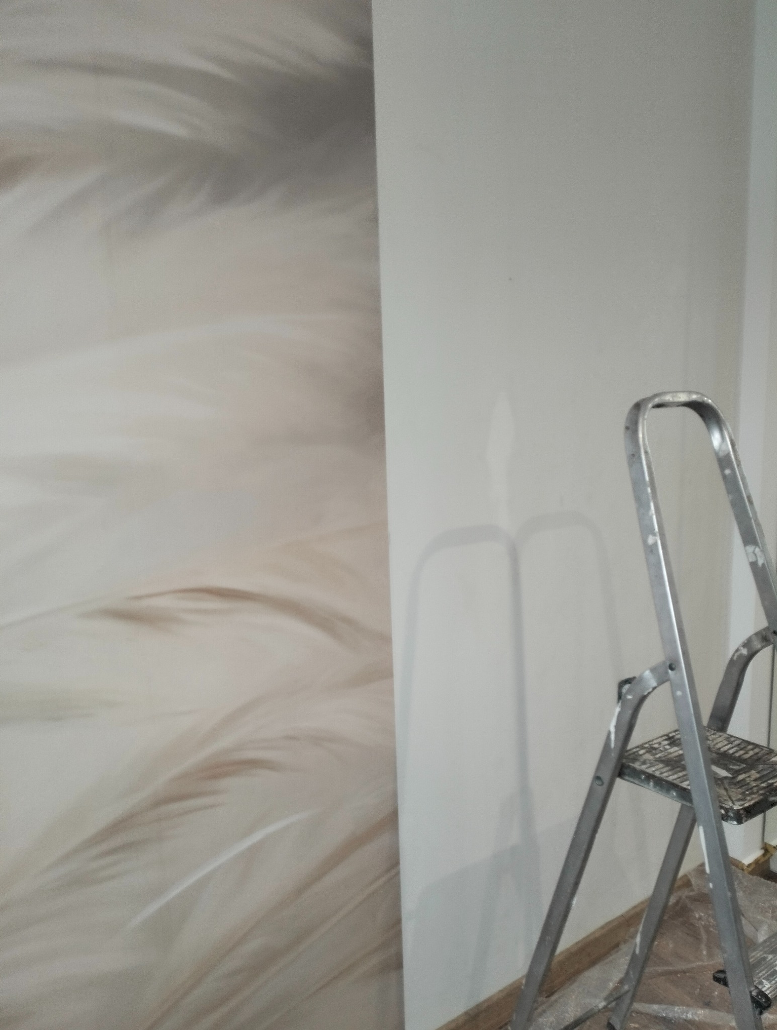 Ściana po częściowym malowaniu z motywem piór obok drabiny malarskiej. Widoczne niedociągnięcia i brak wykończenia.