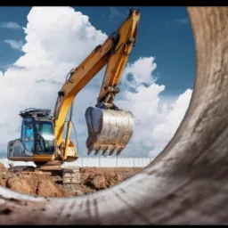 Żółta koparka hydrauliczna podczas prac ziemnych, widziana przez wnętrze betonowej rury, na tle błękitnego nieba z chmurami.