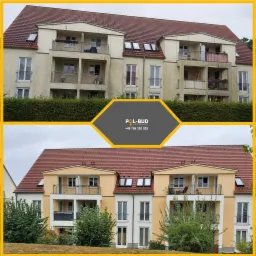 Porównanie elewacji budynku wielorodzinnego przed i po remoncie, z widoczną zmianą kolorystyki i odświeżeniem wyglądu.