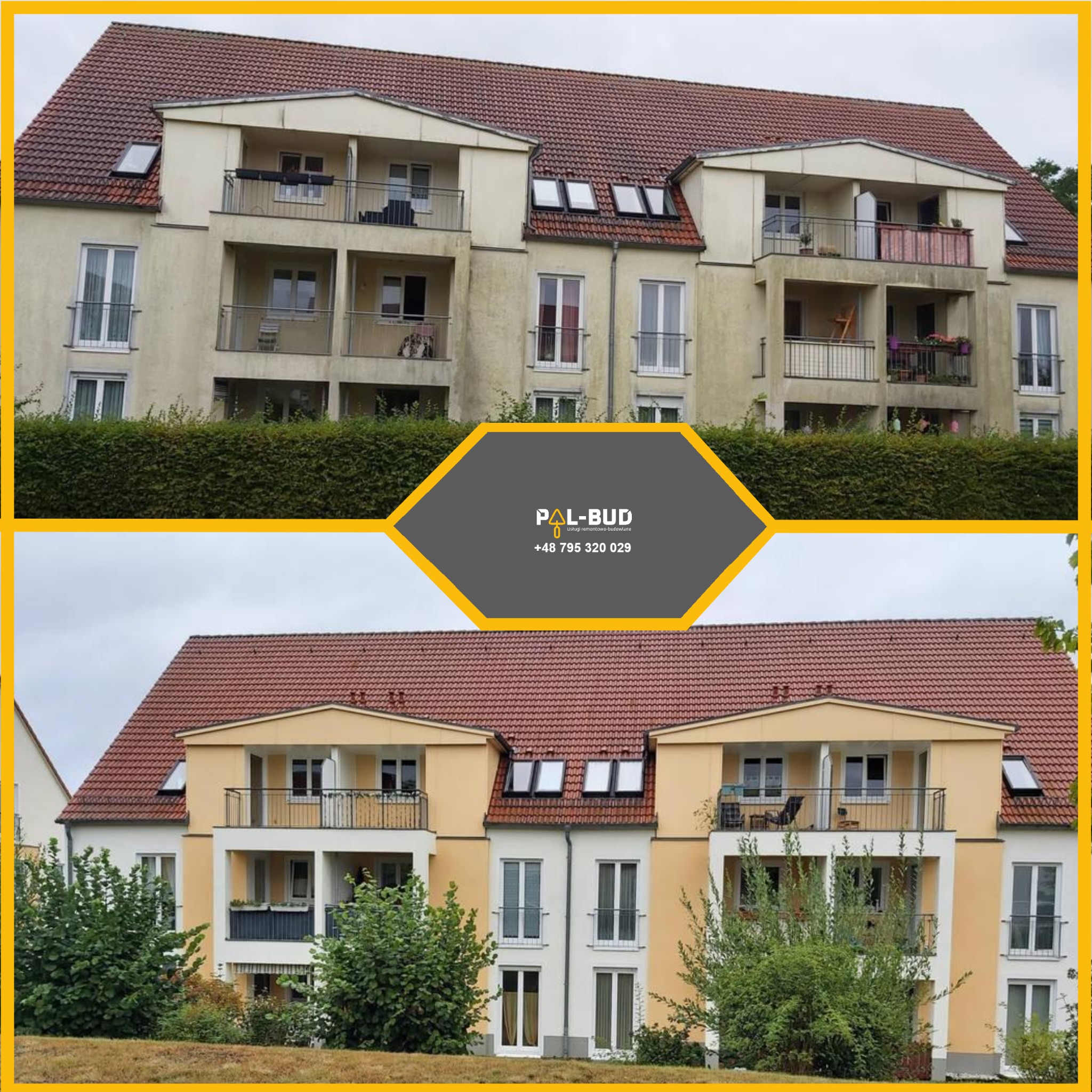 Porównanie elewacji budynku wielorodzinnego przed i po remoncie, z widoczną zmianą kolorystyki i odświeżeniem wyglądu.