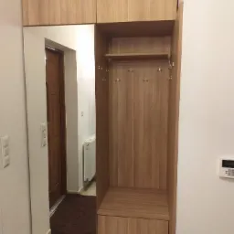 Drewniana zabudowa przedpokoju z lustrem i wieszakami, jasne drewno, widok na drzwi wejściowe i brązowy dywanik.