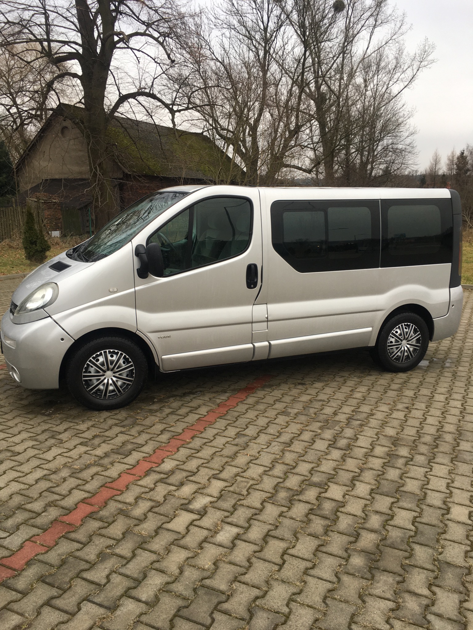 Srebrny bus typu Renault Trafic z przyciemnianymi szybami, zaparkowany na kostce brukowej z czerwoną linią, w tle budynek gospodarczy i drzewa bez liści.