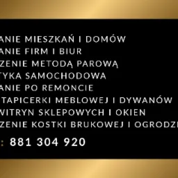 Czarno-złota grafika reklamowa z listą usług sprzątających, w tym sprzątanie mieszkań, biur, po remoncie, pranie tapicerki, mycie okien i czyszczenie kostki brukowej, wraz z numerem kontaktowym.