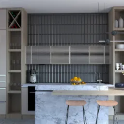 Nowoczesna kuchnia z szarymi, gładkimi frontami szafek, drewnianymi akcentami i marmurowym blatem, uzupełniona o minimalistyczne hokery i dekoracyjne oświetlenie.