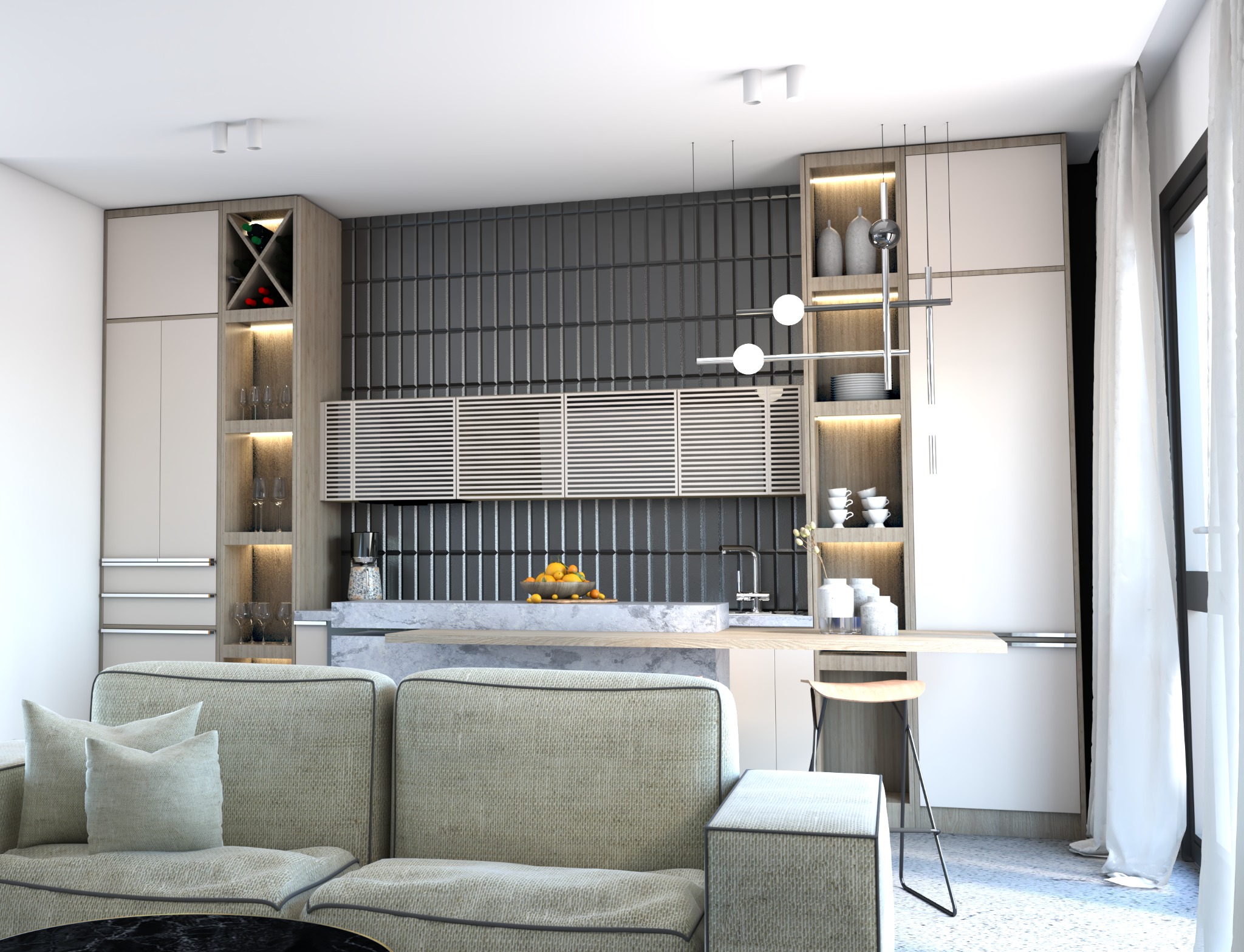 Nowoczesne wnętrze: salon z aneksem kuchennym, szara ściana z pionowymi płytkami, drewniane akcenty, wyspa z blatem z szarego marmuru, owoce w misie, minimalistyczne oświetlenie, sofa z poduszkami...