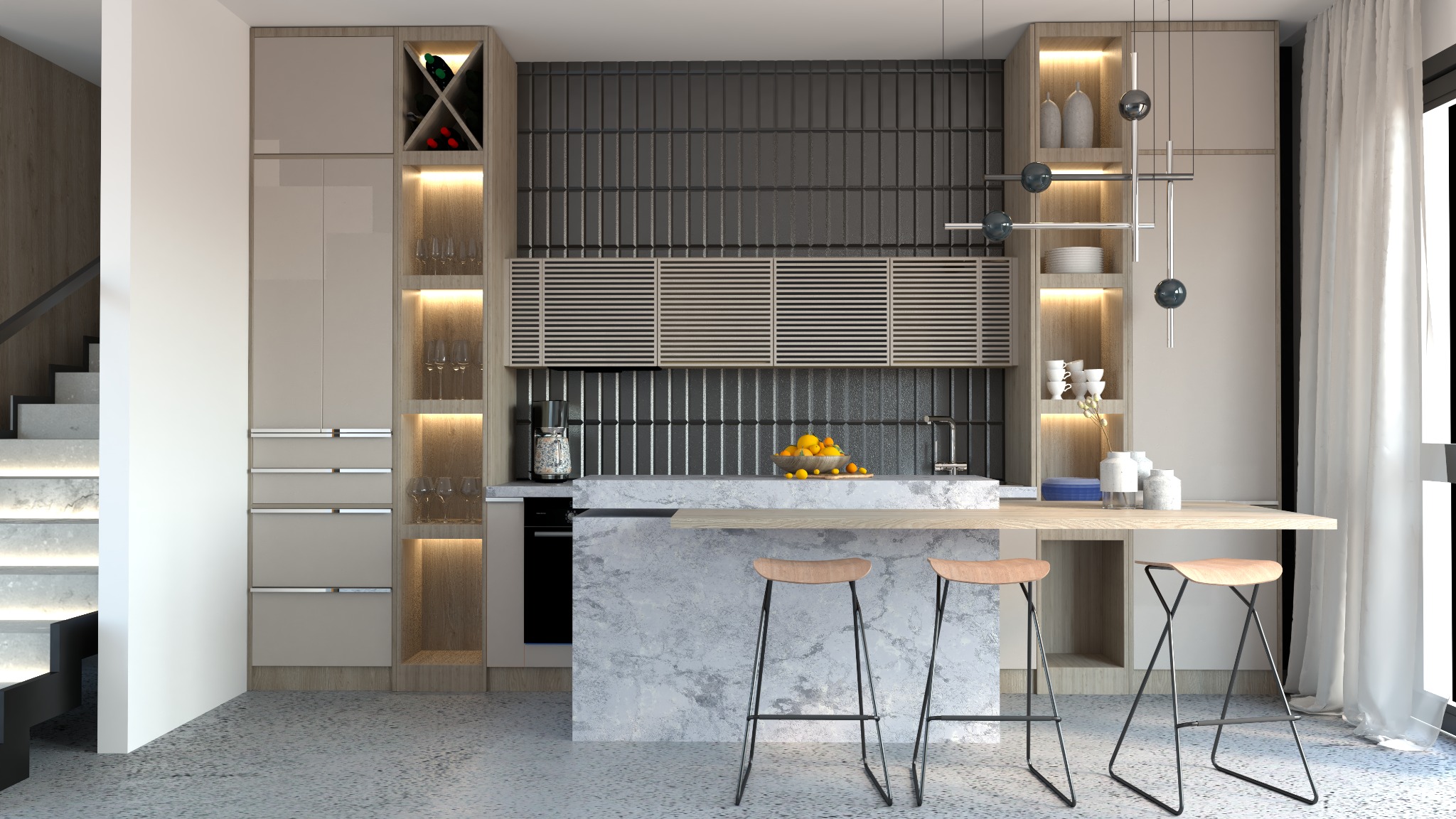 Nowoczesna kuchnia z szarymi płytkami na ścianie, marmurowym blatem i drewnianym stołem barowym z hokerami, oświetlona ledami w szafkach.